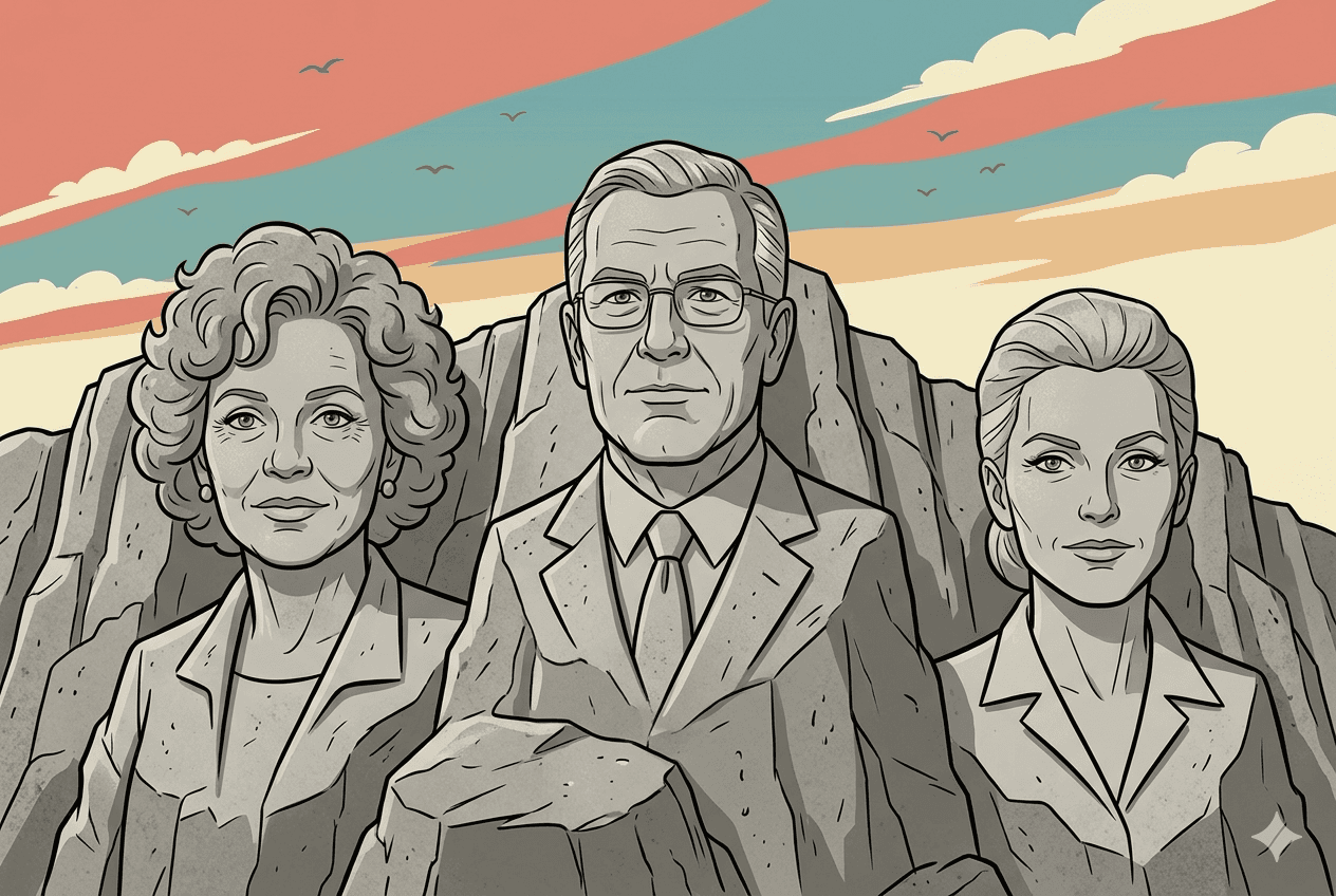 Mt. Roundtable — three advisors carved into a cliff at sunset